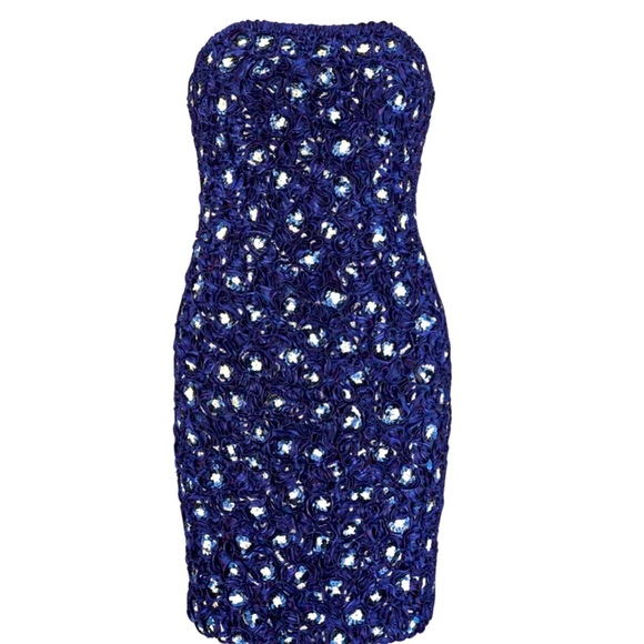 Victor Costa Dresses & Skirts - Vtg 80s Victor Costa Blue  Lace Swirl Sequin Strapless Dress Cotton Blend SZ 6